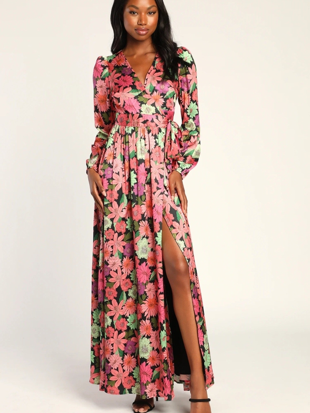 Lulus In the Groove Black Multi Floral Wrap Maxi Dress Size L